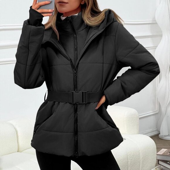 Women's Black Quilted Puffy Ski Jacket Belt Coat Hooded Mountain Winter Snow - Picture 4 of 6